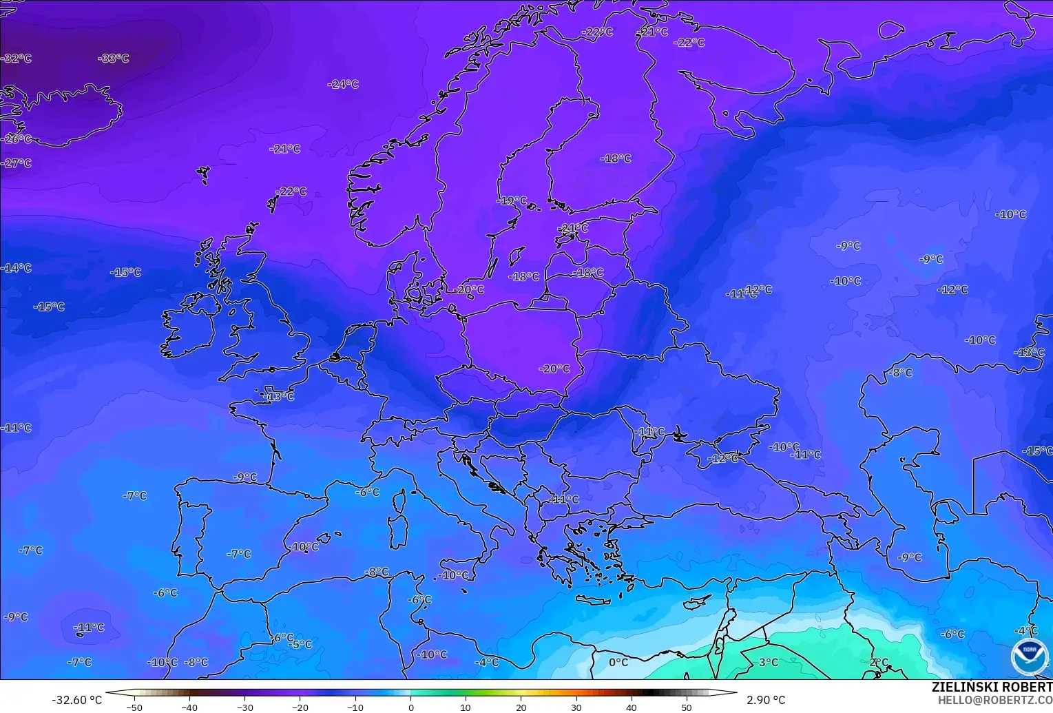 GFS model - Europe, Temperature at 500hPa