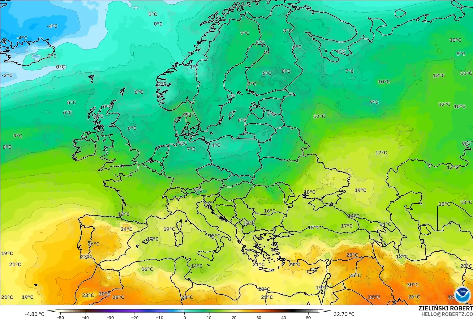 GFS model - Europe, Temperature at 850hPa