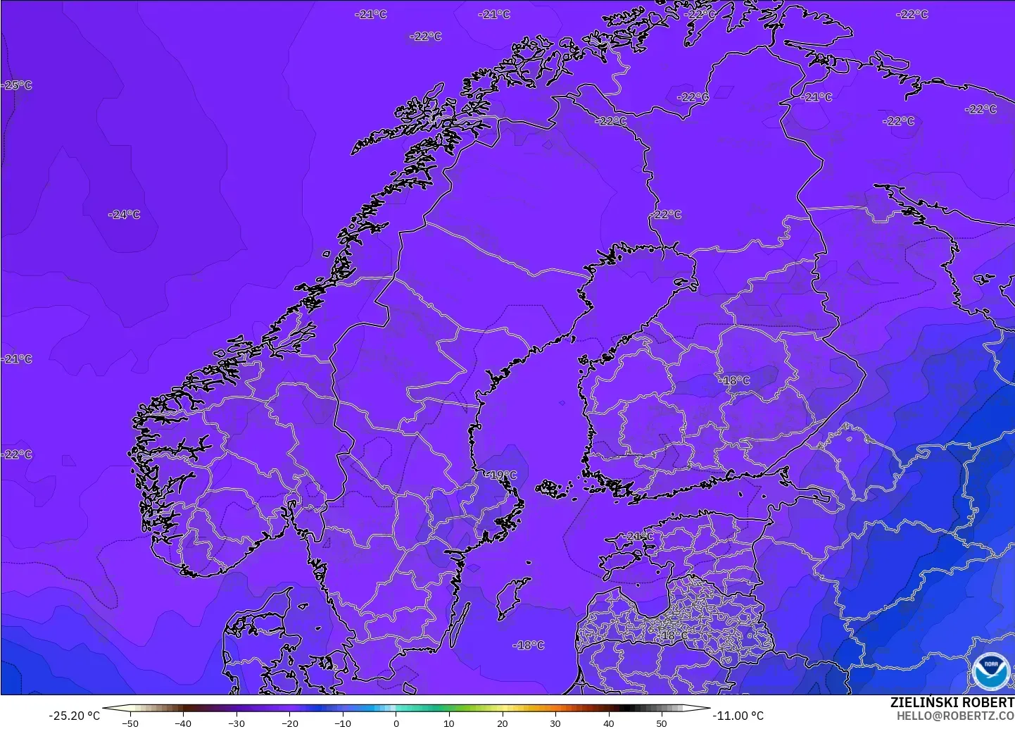 GFS model - Scandinavia, Temperature at 500hPa