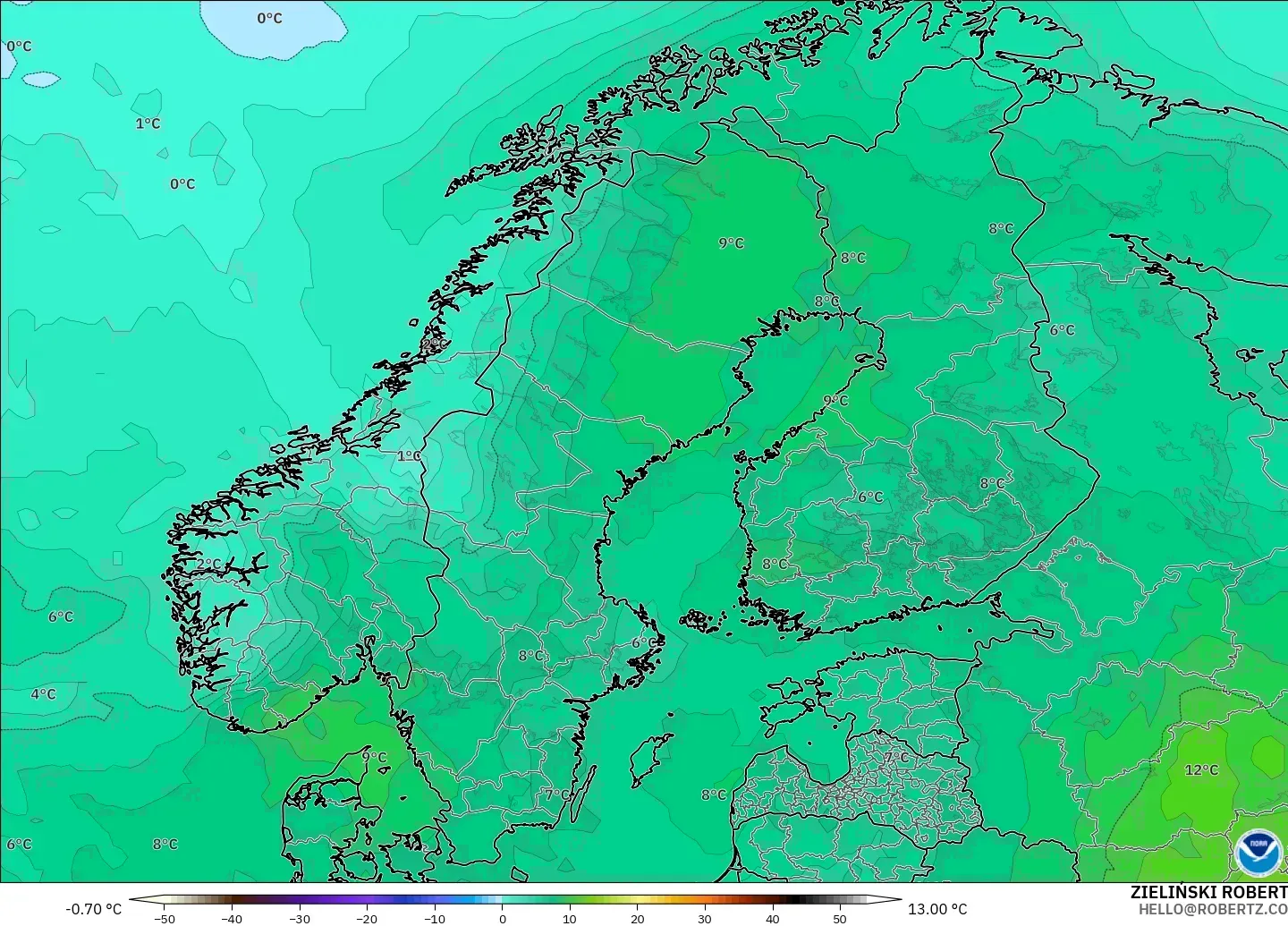 GFS model - Scandinavia, Temperature at 850hPa