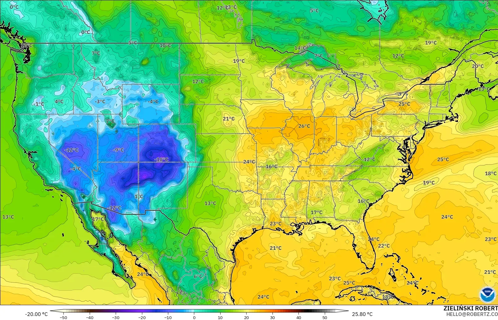 GFS model - United States, Dewpoint at 2m