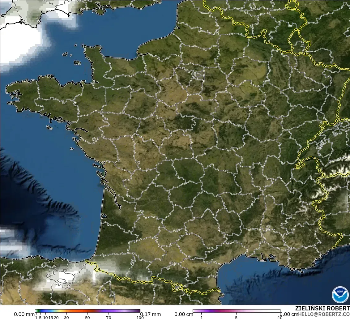 GFS model - France, Precipitation, Clouds, and Pressure