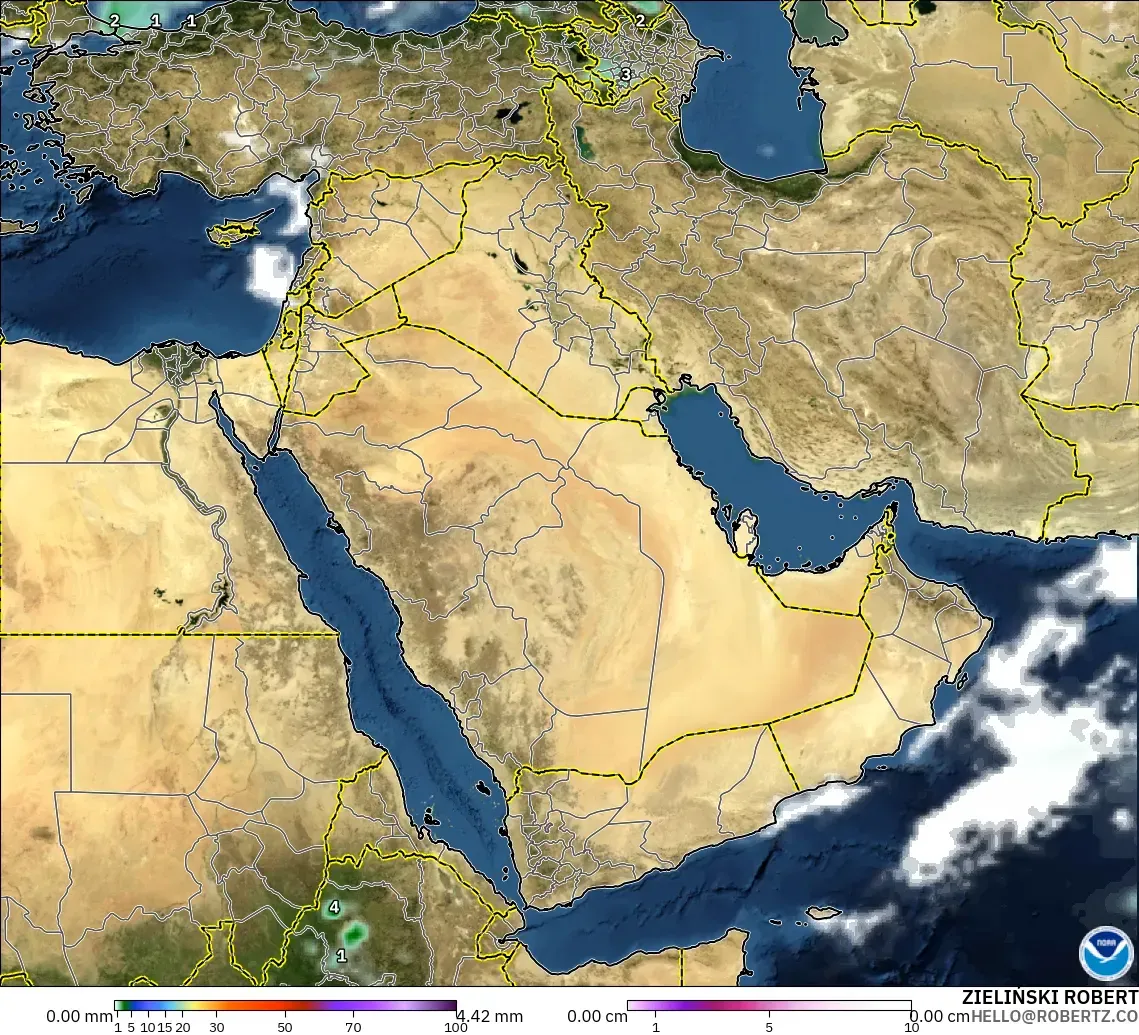 GFS model - Middle East, Precipitation, Clouds, and Pressure