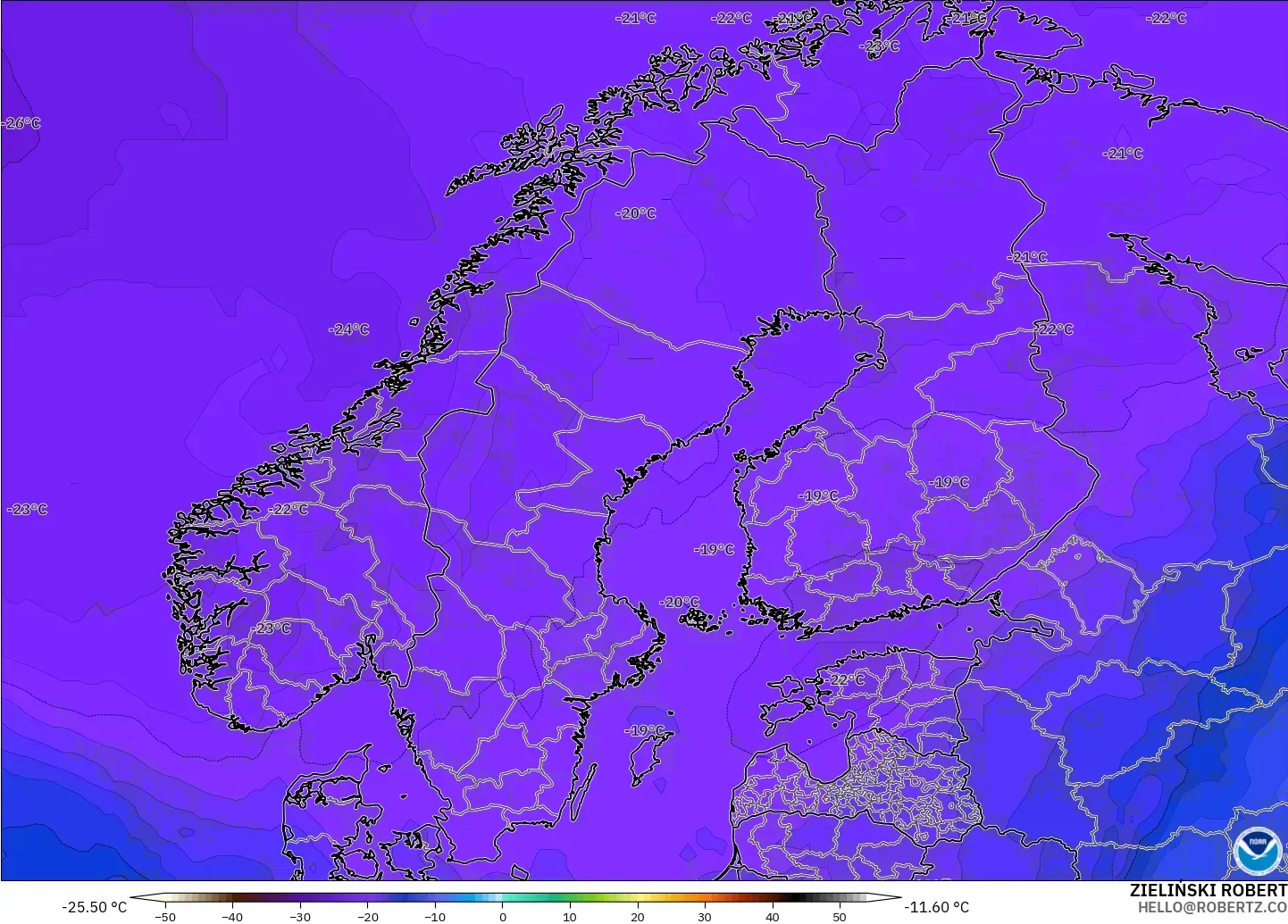 GFS model - Scandinavia, Temperature at 500hPa