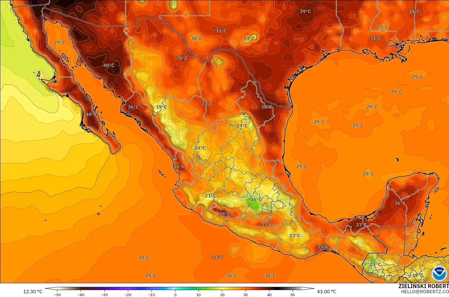 GFS model - Mexico, Temperature at 2m