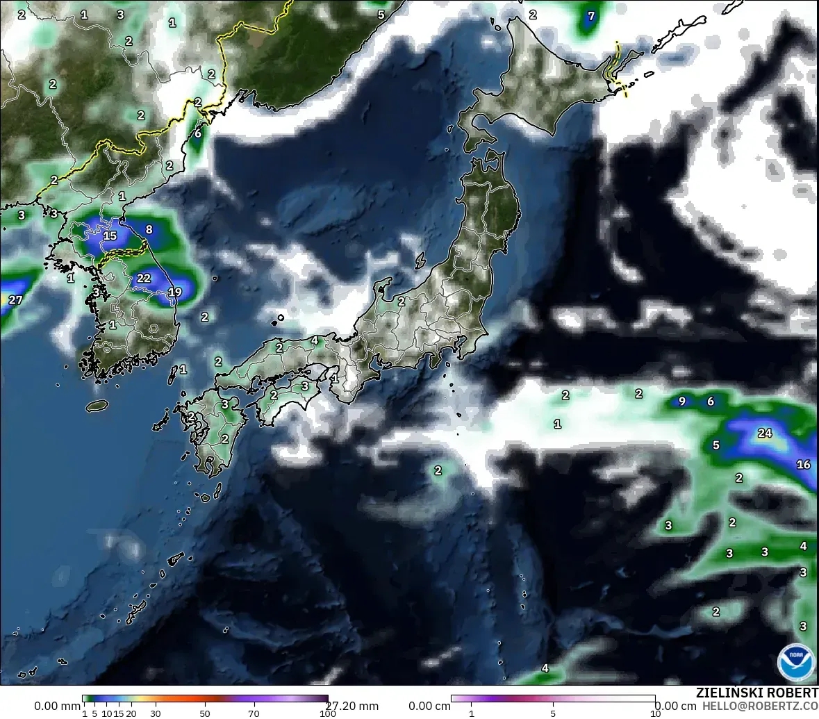 GFS model - Japan, Precipitation, Clouds, and Pressure