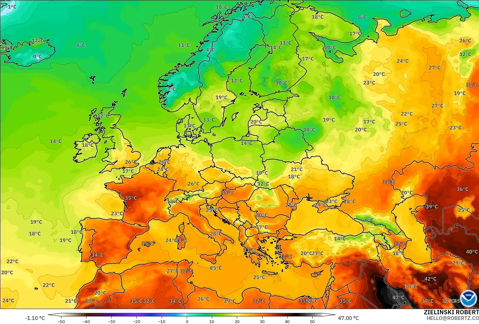 GFS model - Europe, Temperature at 2m
