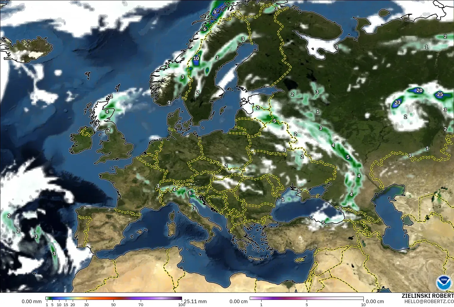 GFS model - Europe, Precipitation, Clouds, and Pressure