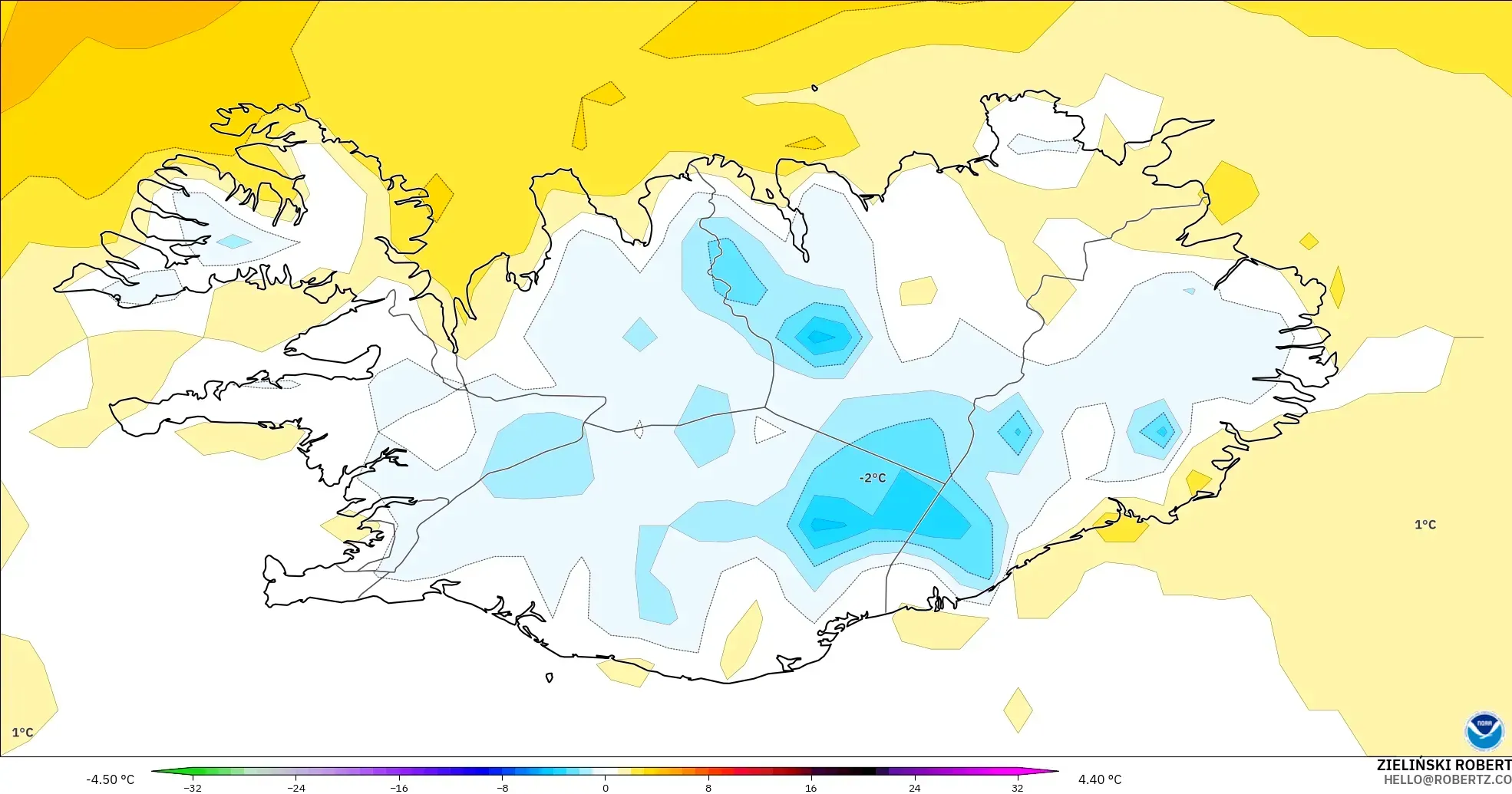 GFS model - Iceland, Temperature at 2m Anomaly