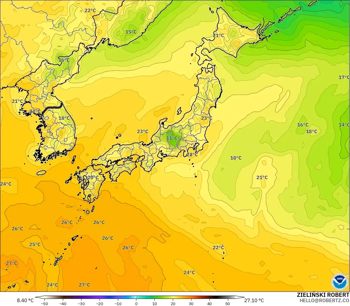 GFS model - Japan, Dewpoint at 2m