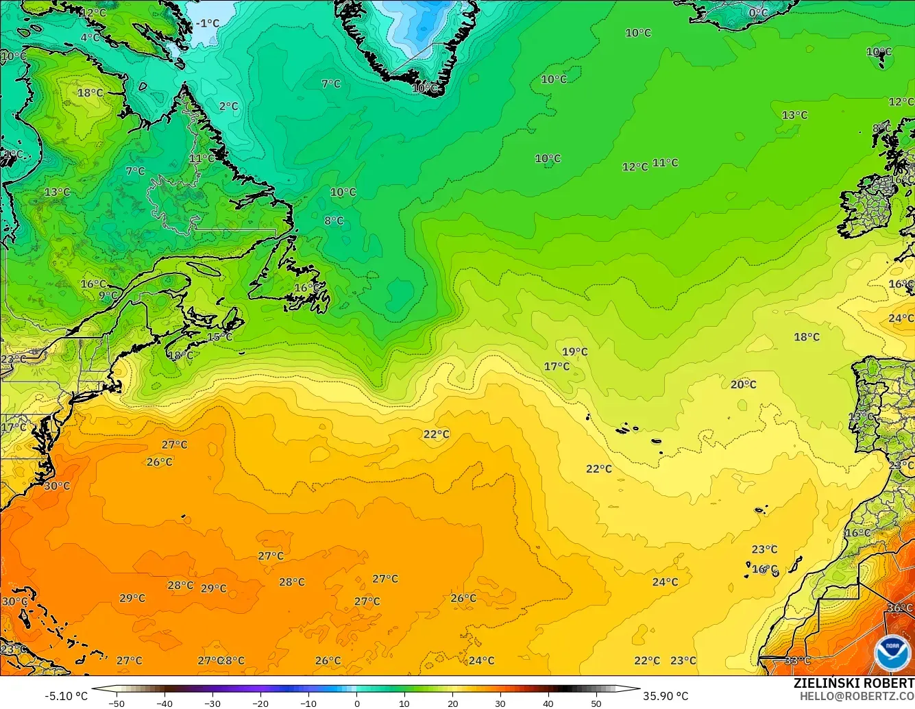 GFS model - North Atlantic, Temperature at 2m