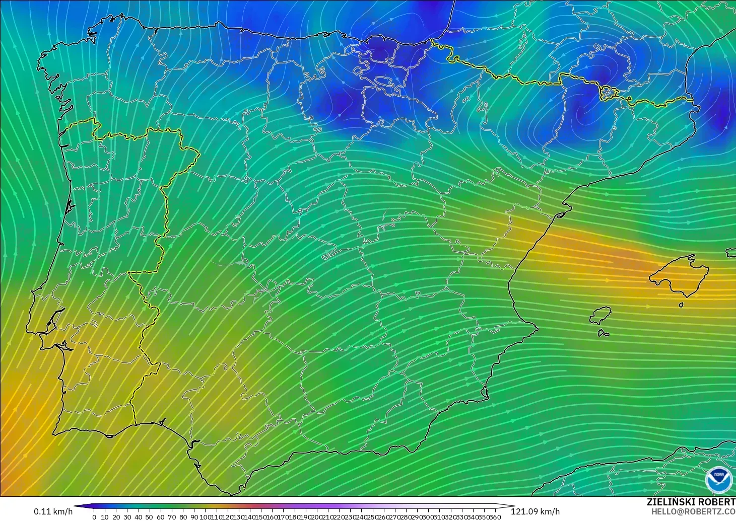 GFS model - Spain, Wind at 300hPa (jet stream)