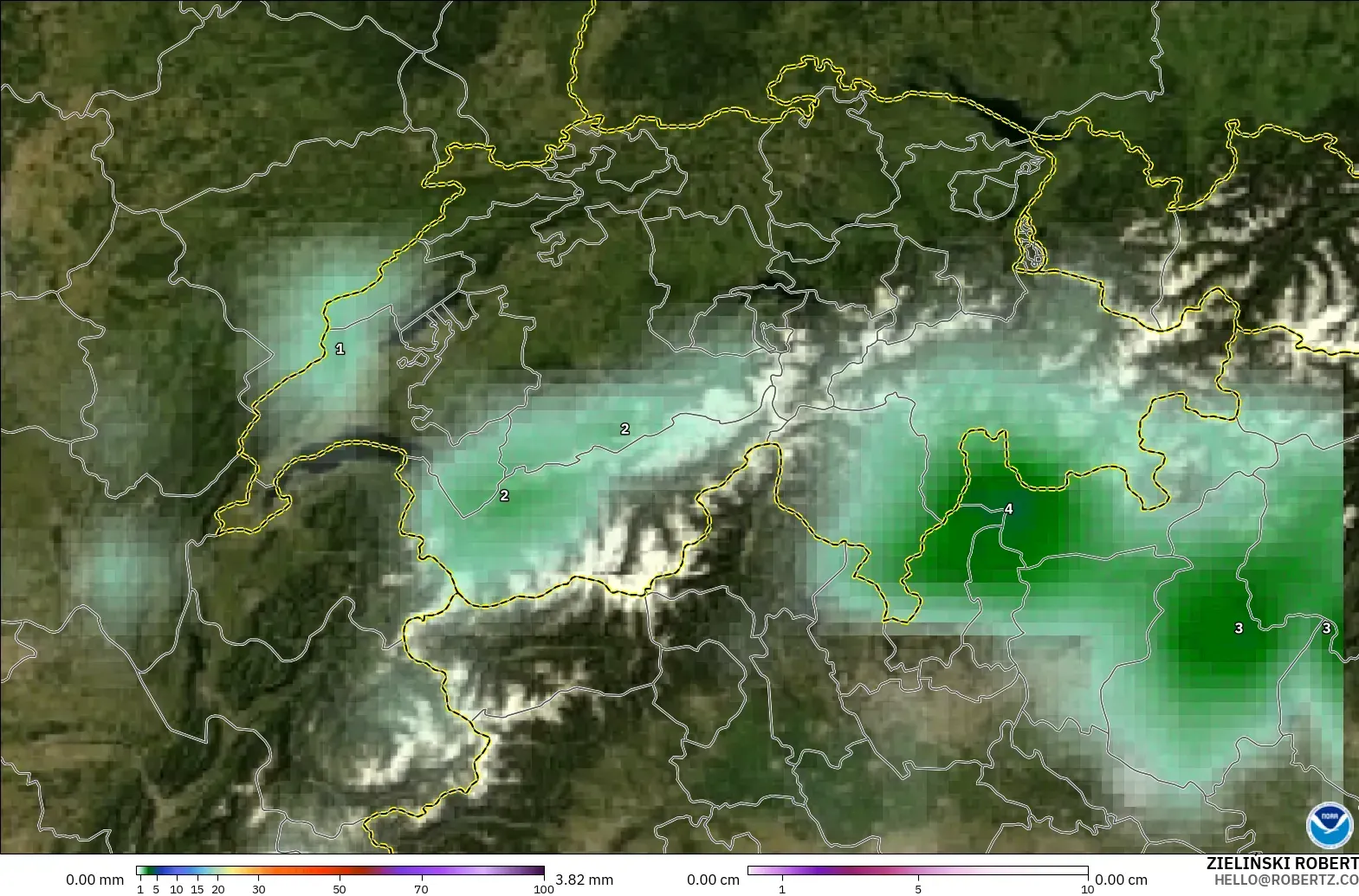GFS model - Switzerland, Precipitation, Clouds, and Pressure
