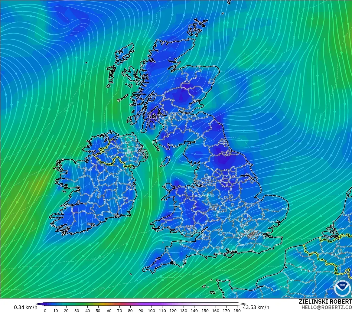 GFS model - United Kingdom, Wind at 10m