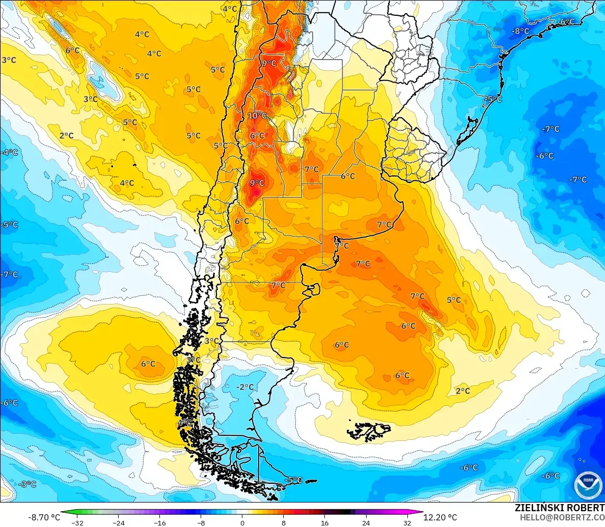 GFS model - Argentina, Temperature at 850hPa Anomaly