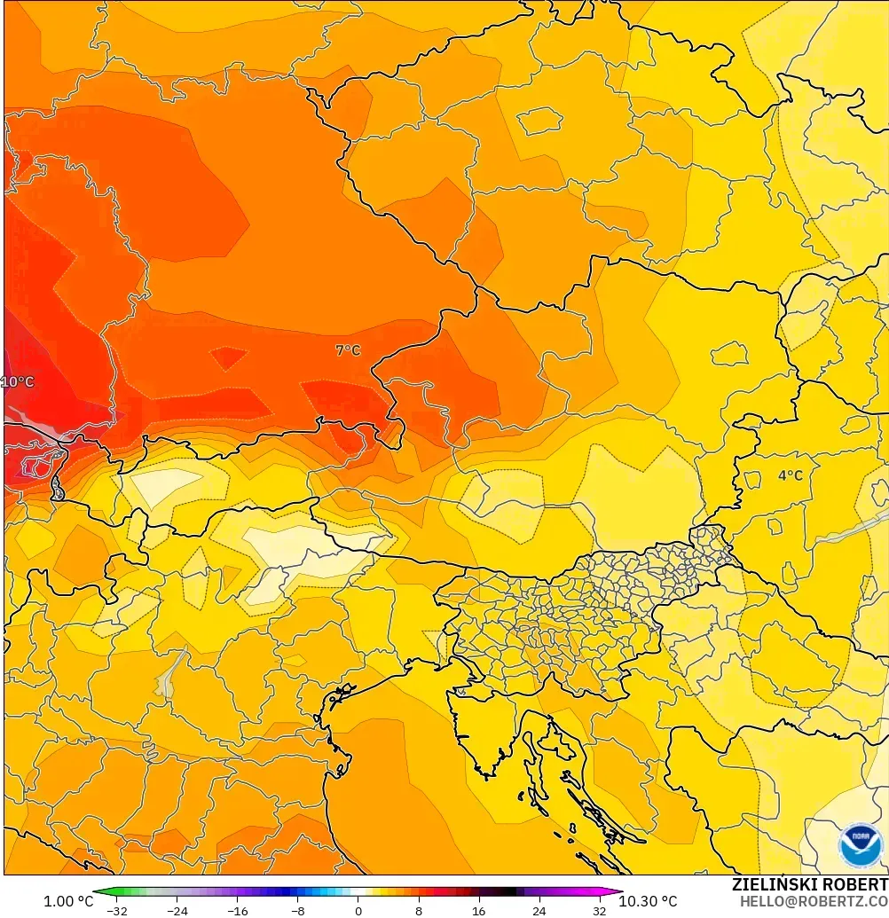 GFS model - Austria, Temperature at 850hPa Anomaly