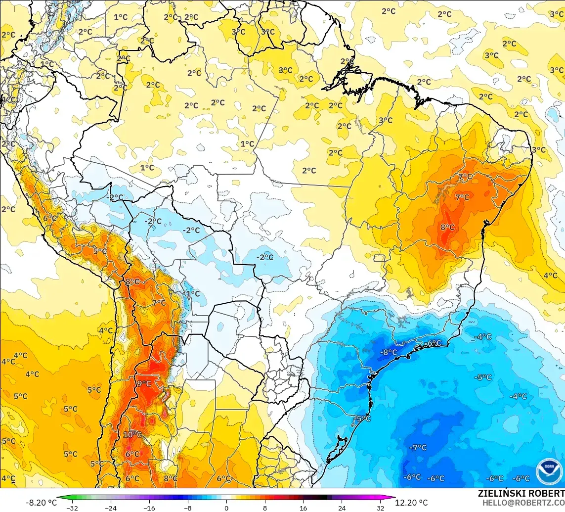 GFS model - Brazil, Temperature at 850hPa Anomaly