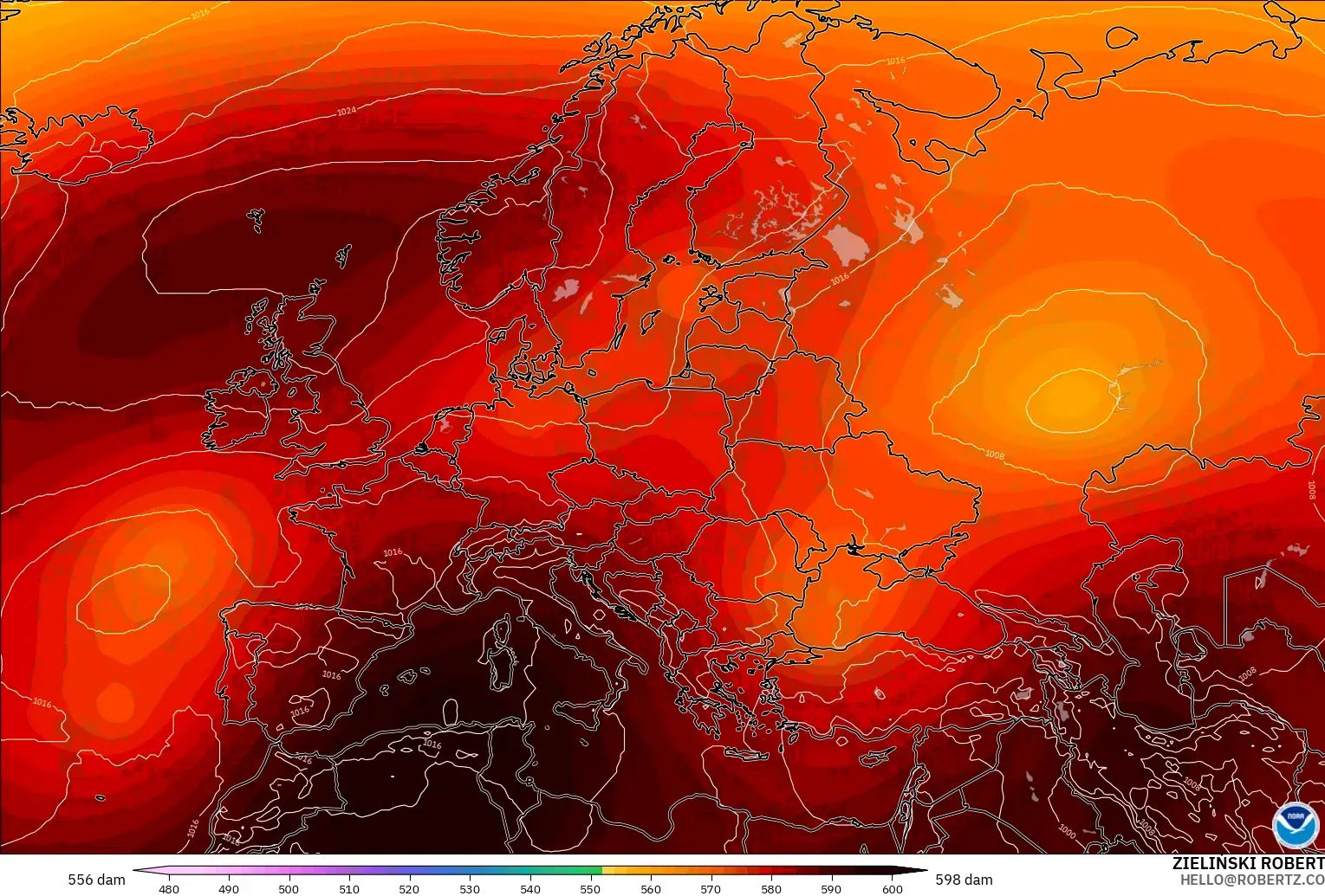GFS model - Europe, Geopotential height at 500hPa