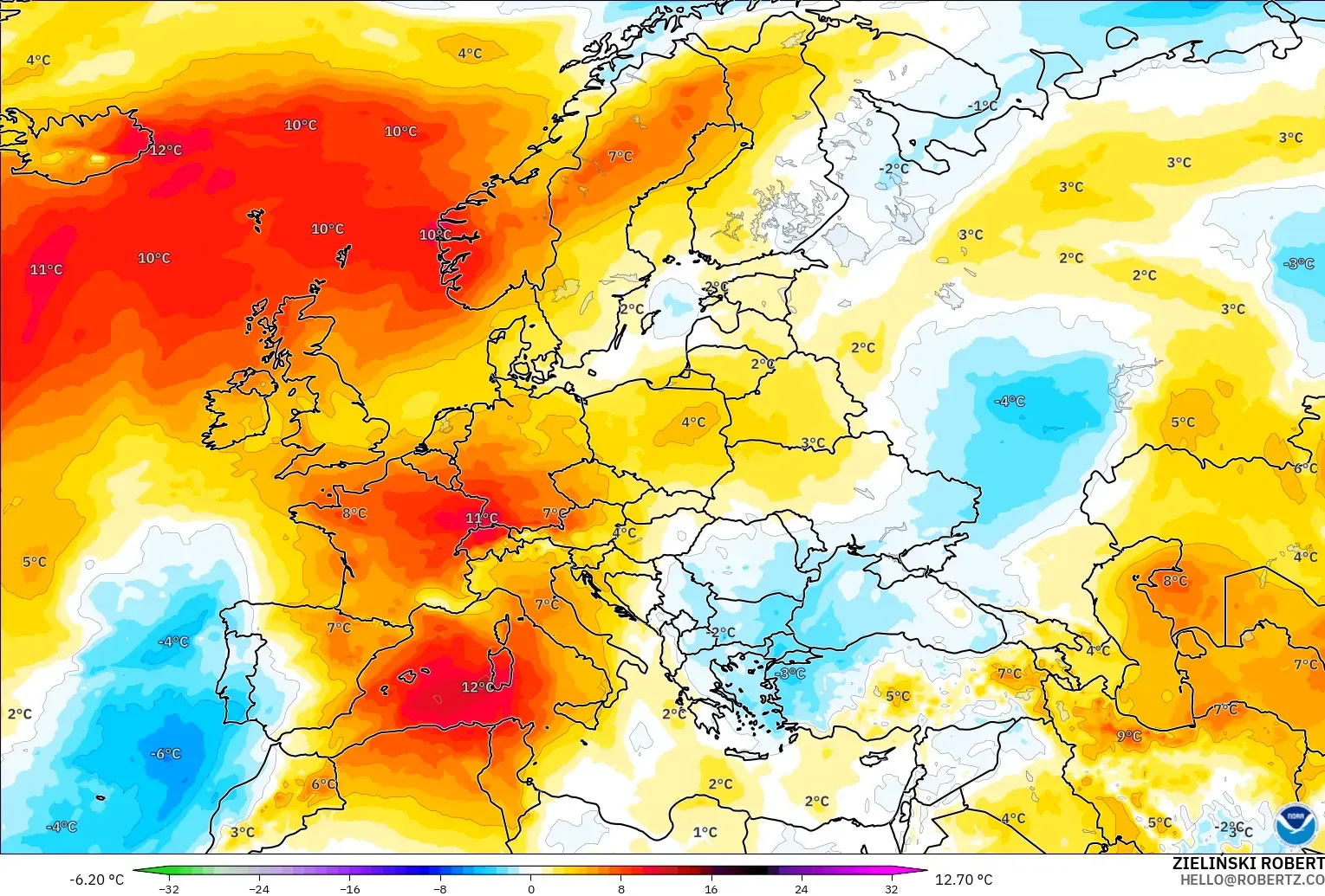 GFS model - Europe, Temperature at 850hPa Anomaly