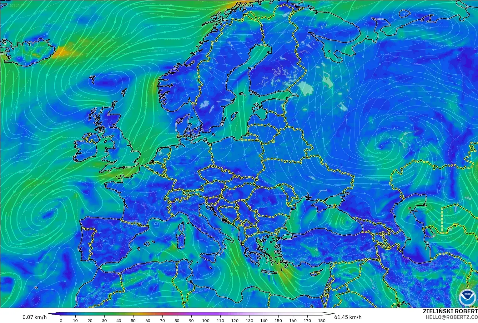 GFS model - Europe, Wind at 10m