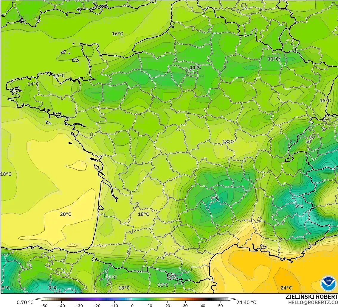 GFS model - France, Dewpoint at 2m