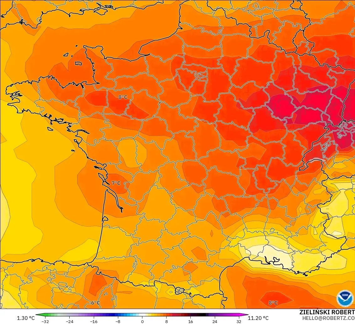 GFS model - France, Temperature at 850hPa Anomaly