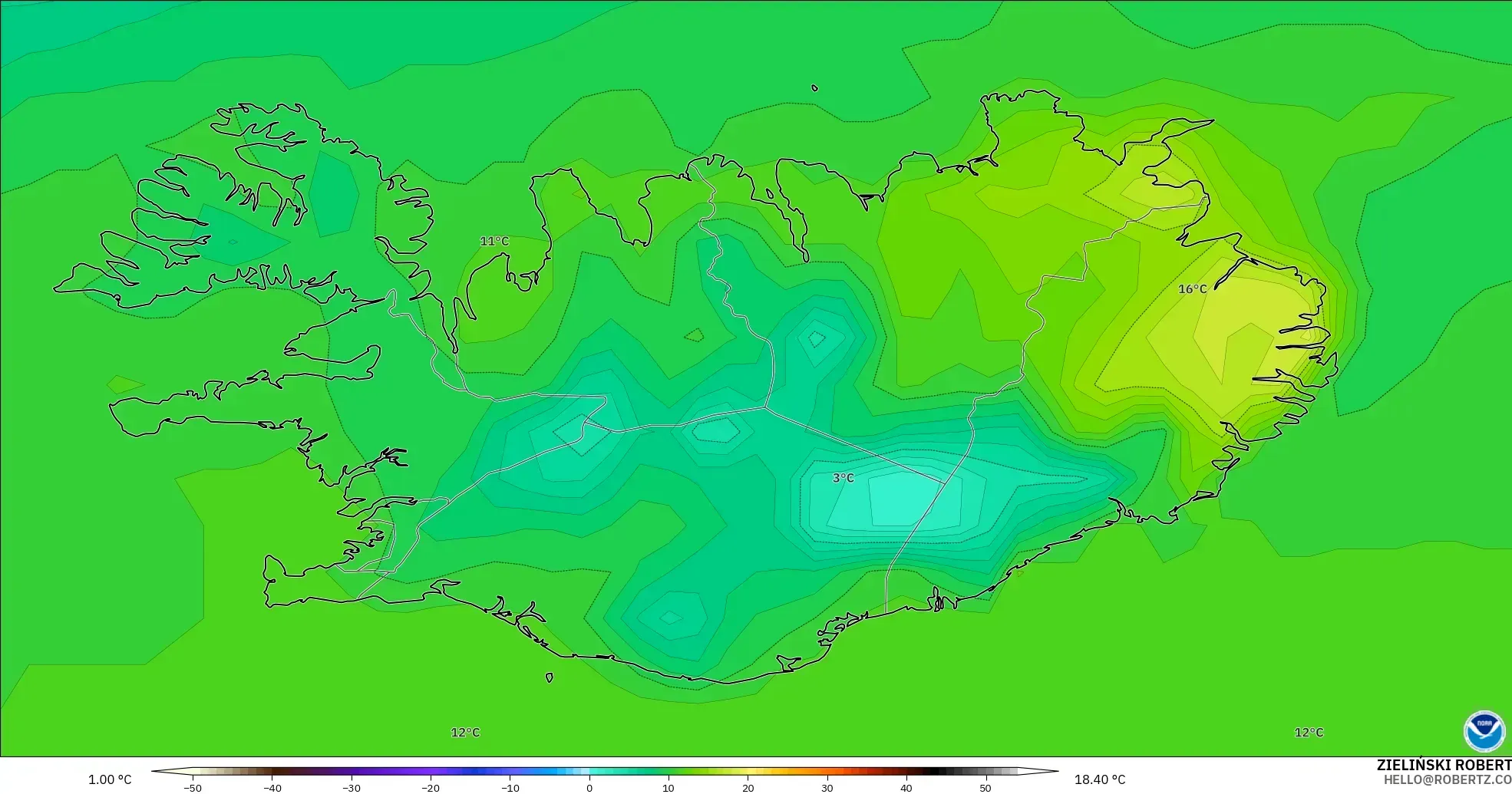GFS model - Iceland, Temperature at 2m
