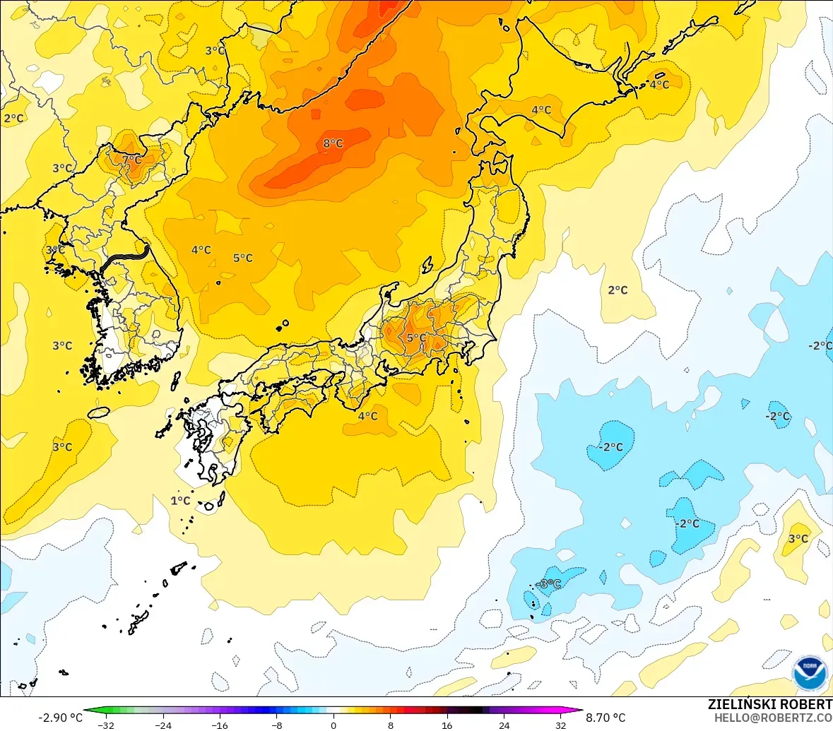 GFS model - Japan, Temperature at 850hPa Anomaly