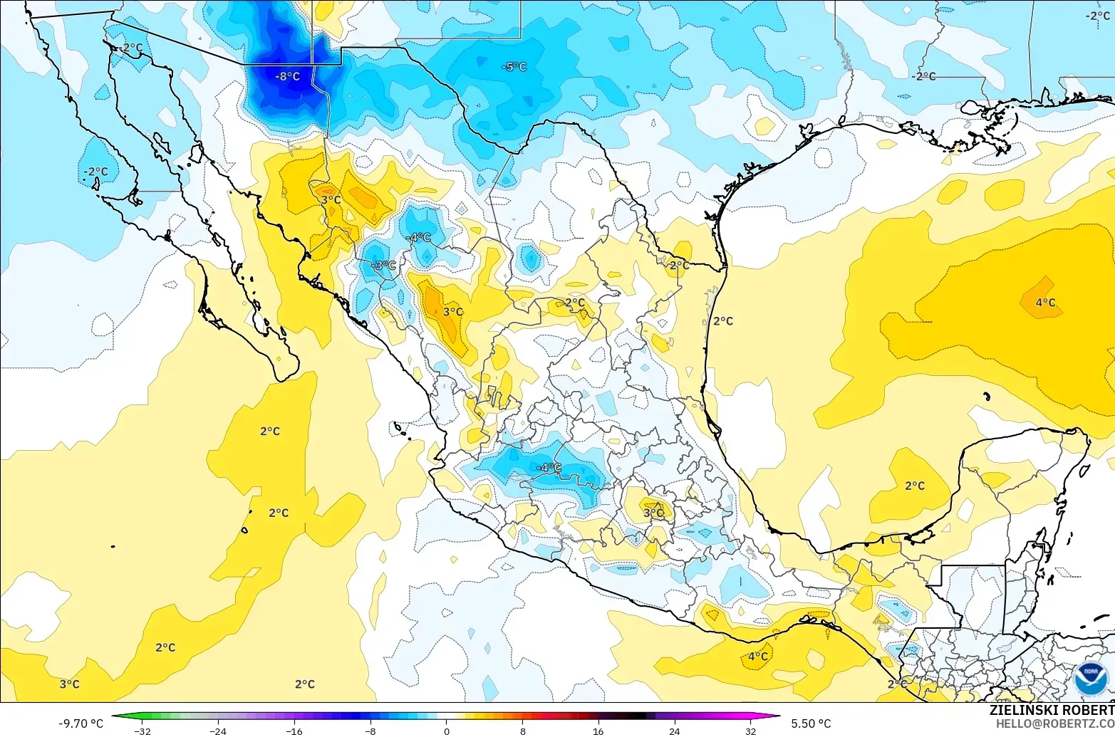 GFS model - Mexico, Temperature at 850hPa Anomaly