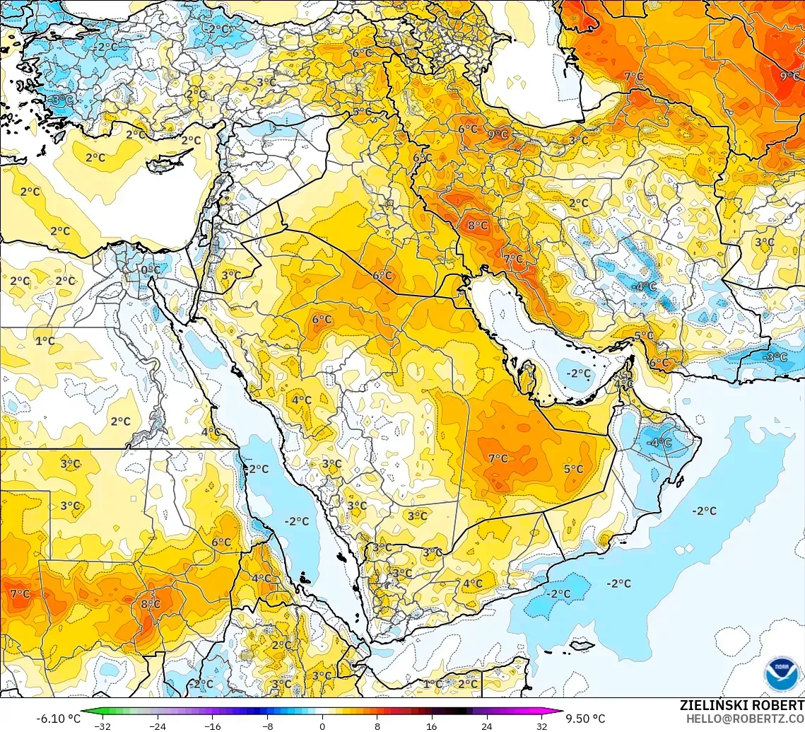 GFS model - Middle East, Temperature at 2m Anomaly