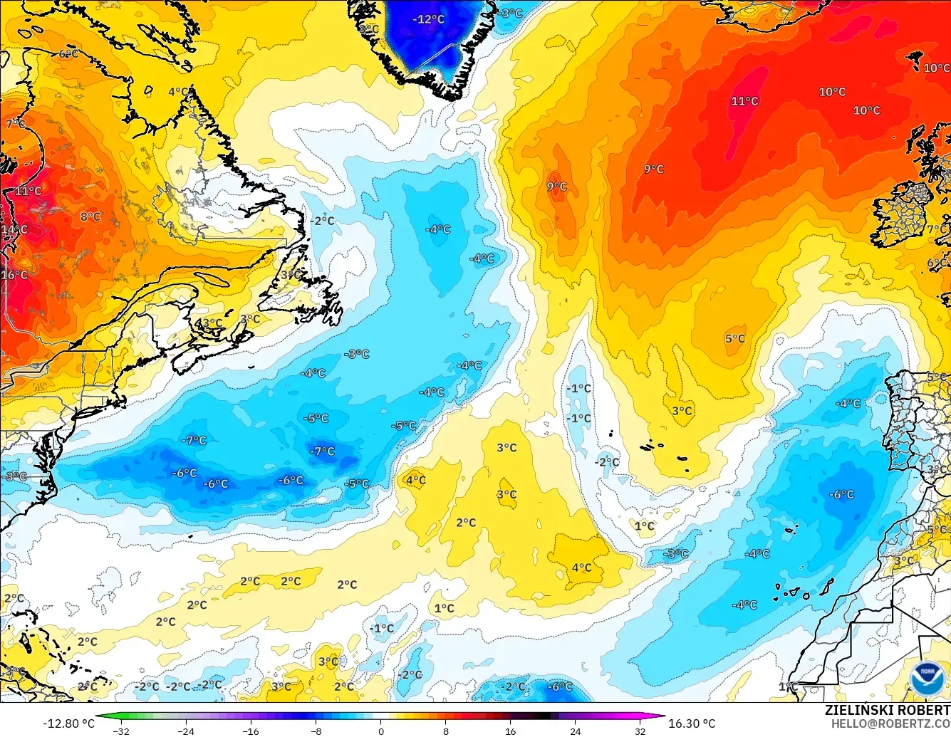 GFS model - North Atlantic, Temperature at 850hPa Anomaly