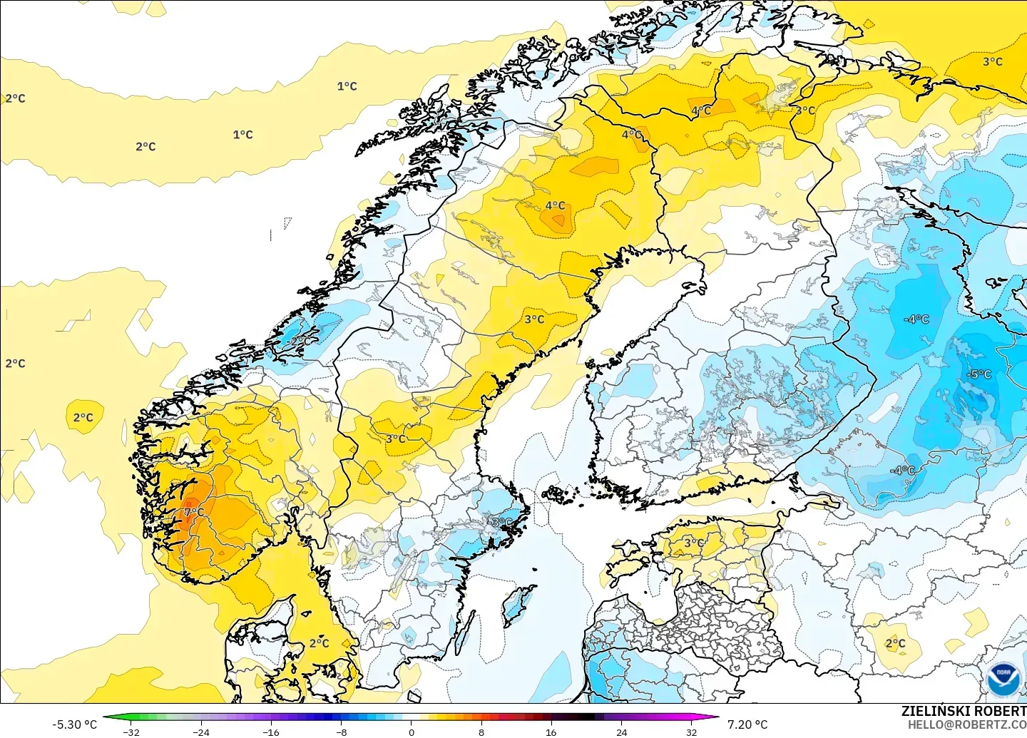 GFS model - Scandinavia, Temperature at 2m Anomaly