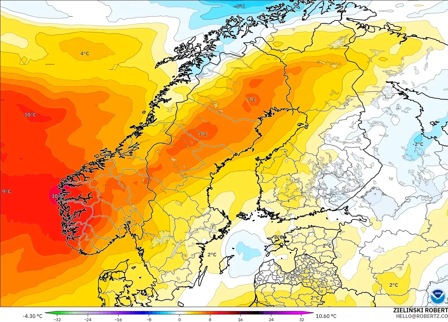 GFS model - Scandinavia, Temperature at 850hPa Anomaly