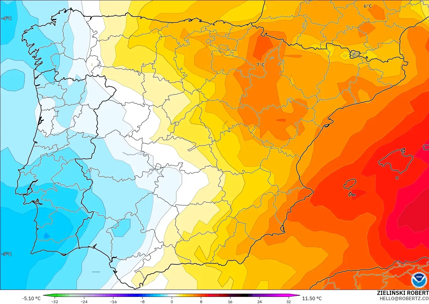 GFS model - Spain, Temperature at 850hPa Anomaly