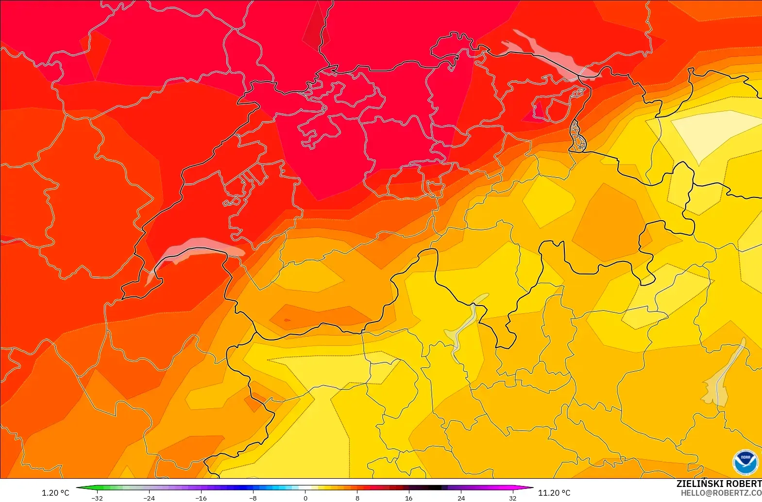 GFS model - Switzerland, Temperature at 850hPa Anomaly