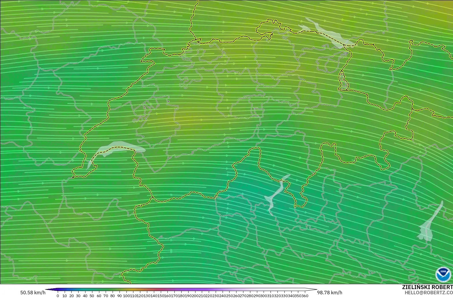 GFS model - Switzerland, Wind at 300hPa (jet stream)