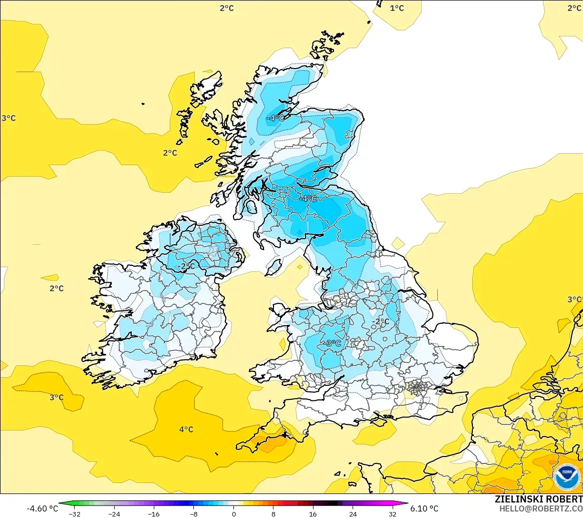 GFS model - United Kingdom, Temperature at 2m Anomaly