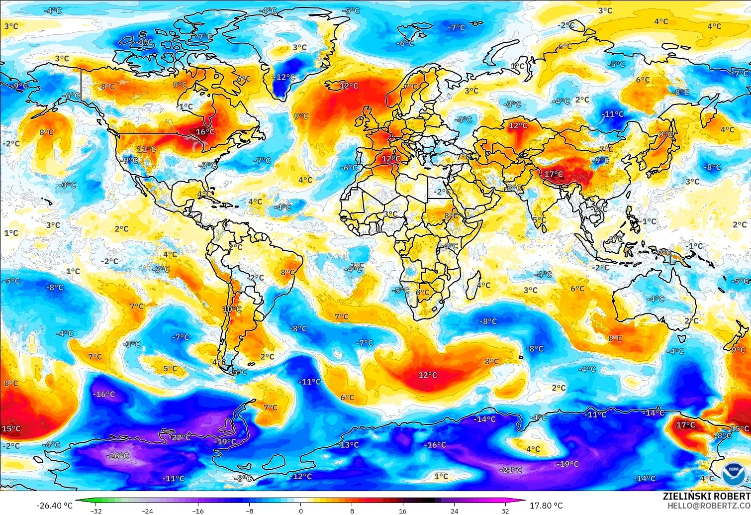 GFS model - World, Temperature at 850hPa Anomaly