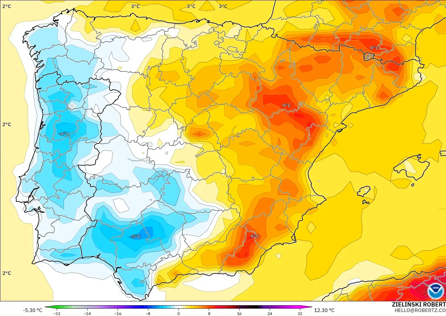 GFS model - Spain, Temperature at 2m Anomaly