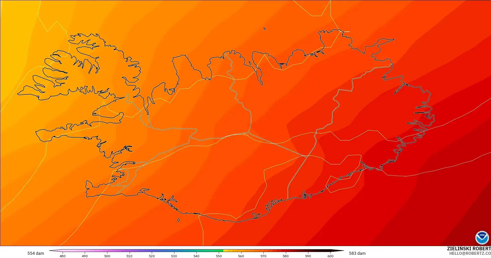 GFS model - Iceland, Geopotential height at 500hPa
