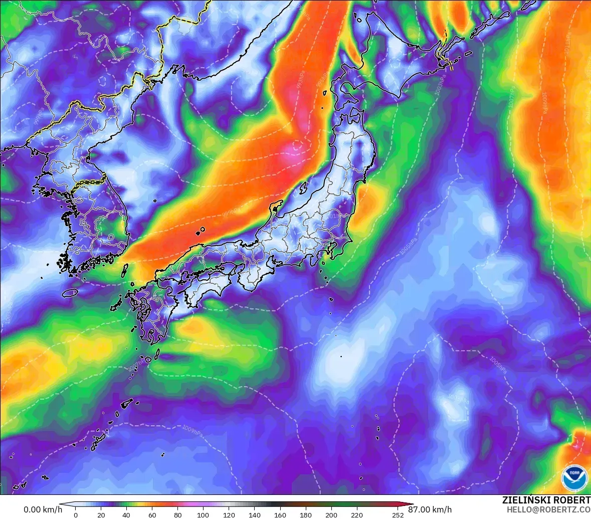 GFS model - Japan, Wind Gusts