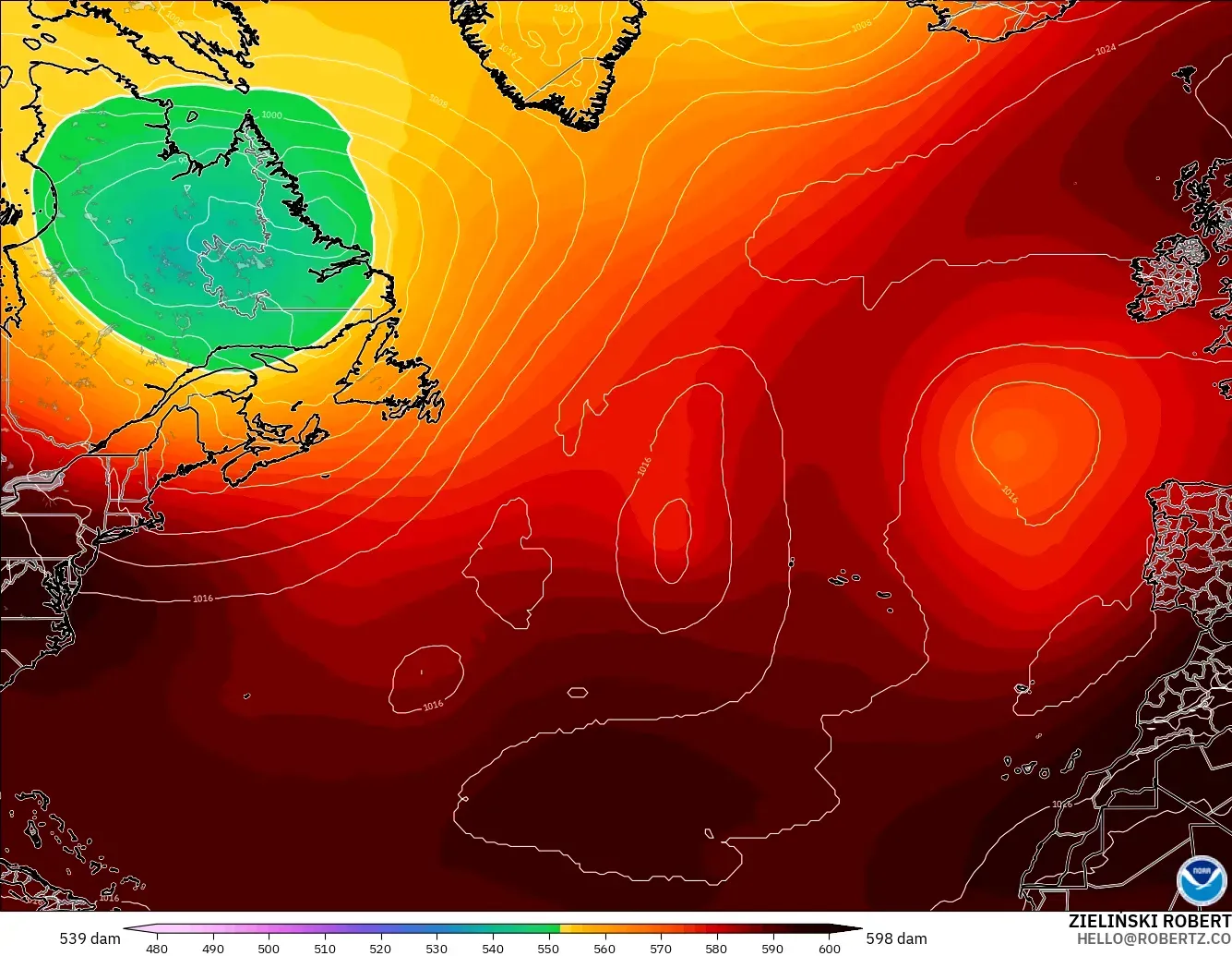 GFS model - North Atlantic, Geopotential height at 500hPa