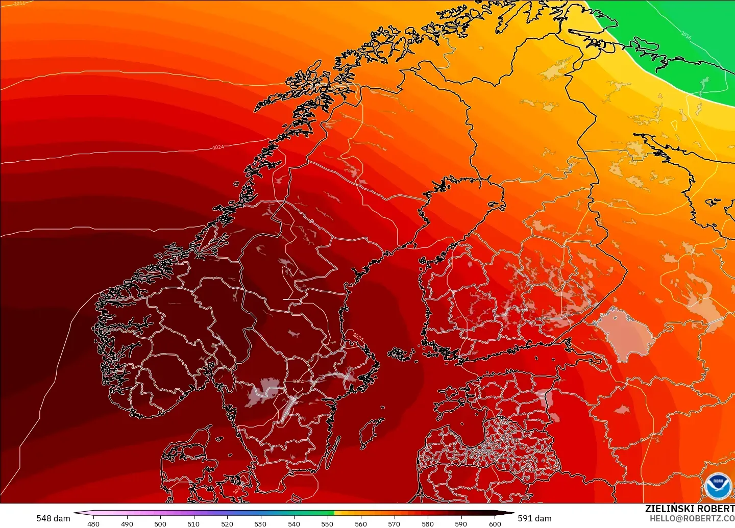 GFS model - Scandinavia, Geopotential height at 500hPa