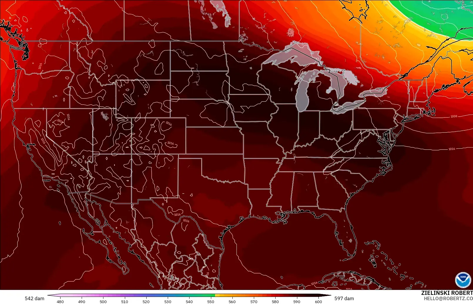 GFS model - United States, Geopotential height at 500hPa