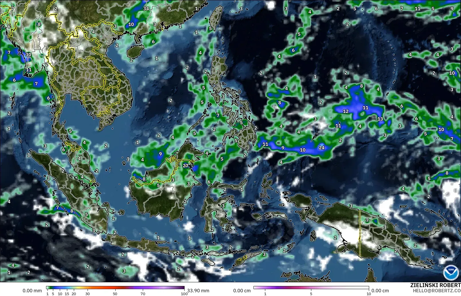 GFS model - South East Asia, Precipitation, Clouds, and Pressure