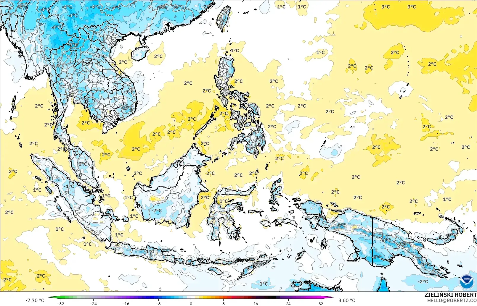 GFS model - South East Asia, Temperature at 2m Anomaly