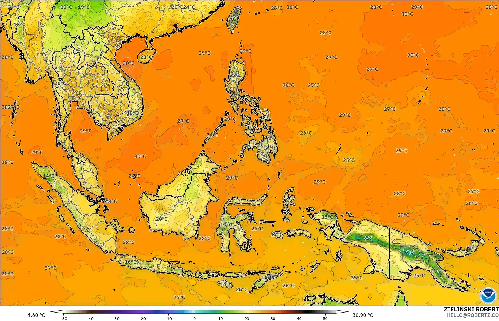 GFS model - South East Asia, Temperature at 2m