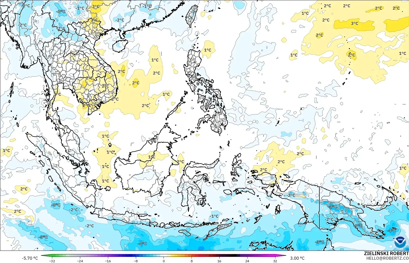 GFS model - South East Asia, Temperature at 850hPa Anomaly