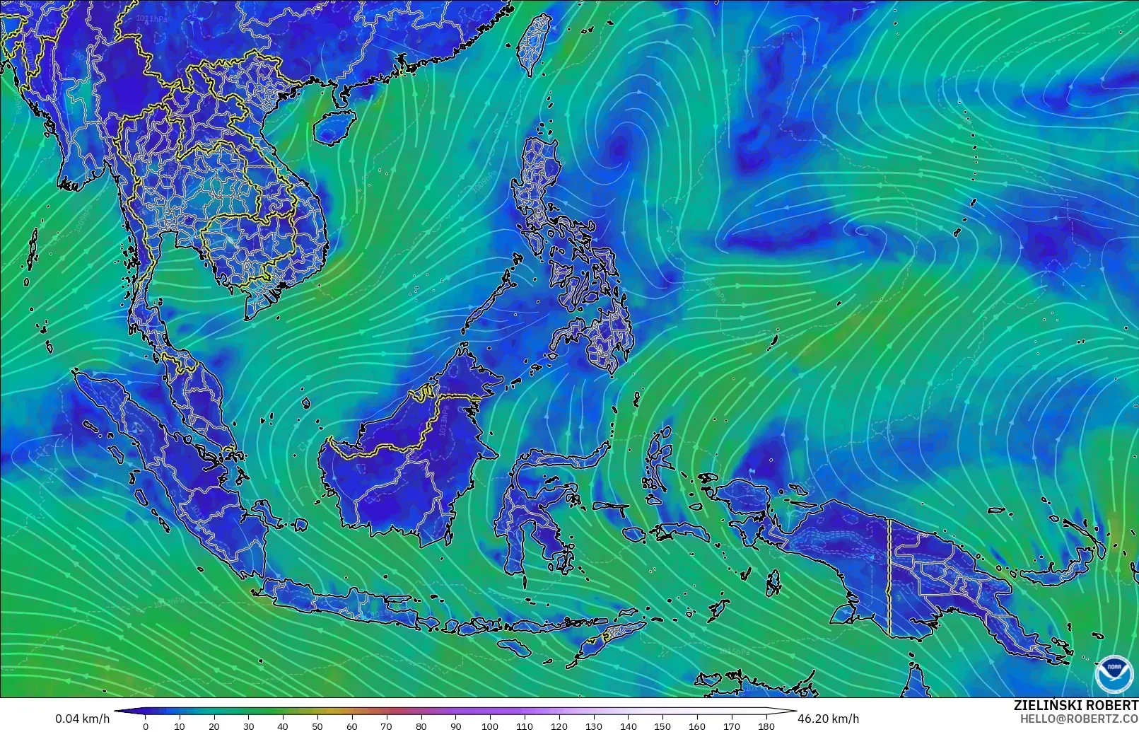 GFS model - South East Asia, Wind at 10m