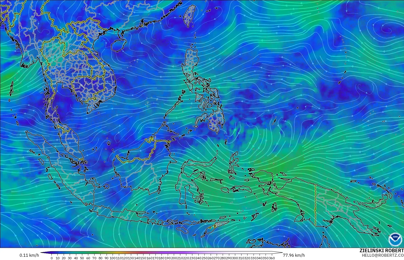 GFS model - South East Asia, Wind at 300hPa (jet stream)